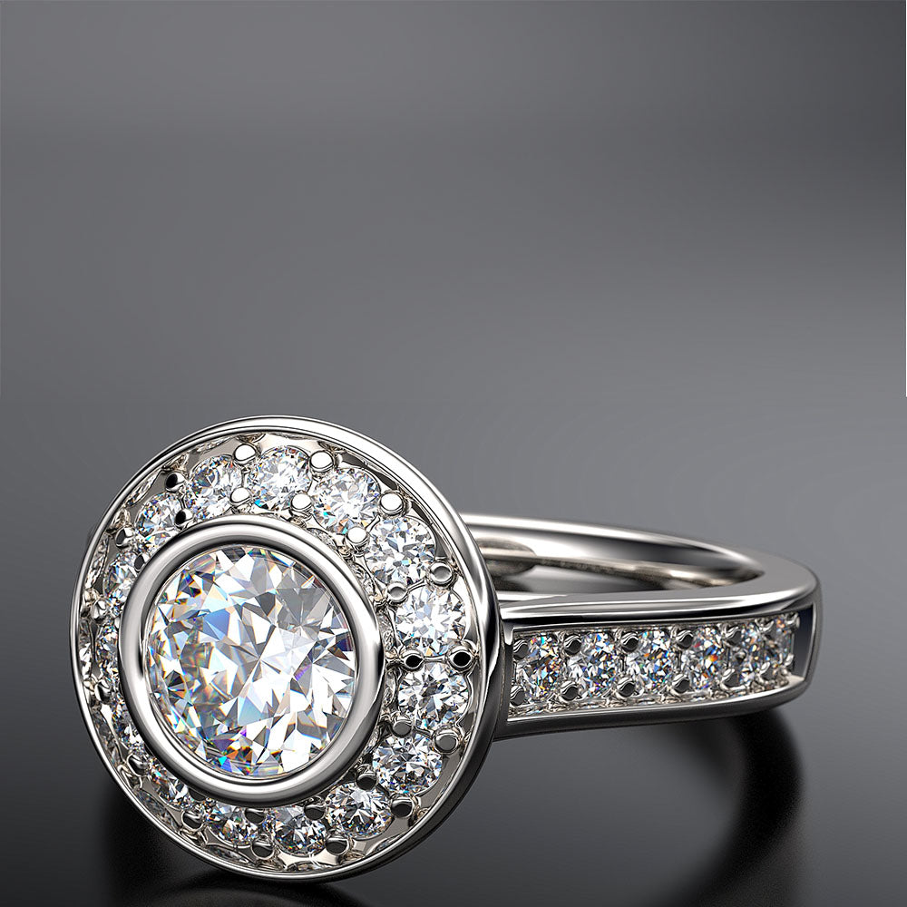 platinum rub-over halo diamond engagement ring - Australian Diamond Network