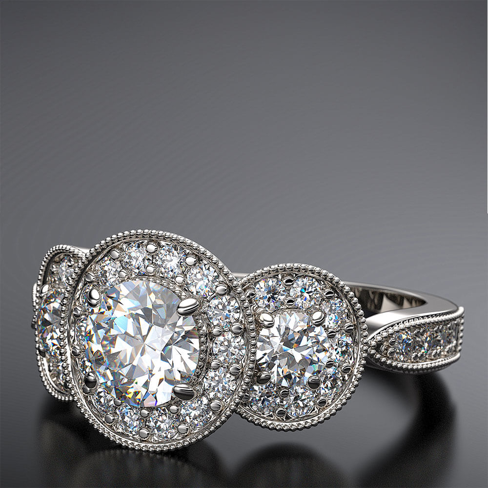 platinum three stone diamond engagement ring with pave halo - Australian Diamond Network