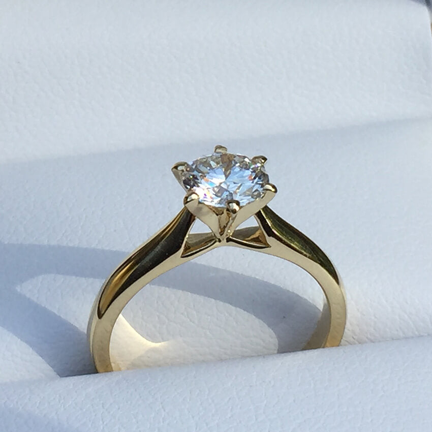 Solitaire Diamond In An 18k Yellow Gold Six Claw Engagement Ring - Australian Diamond Network