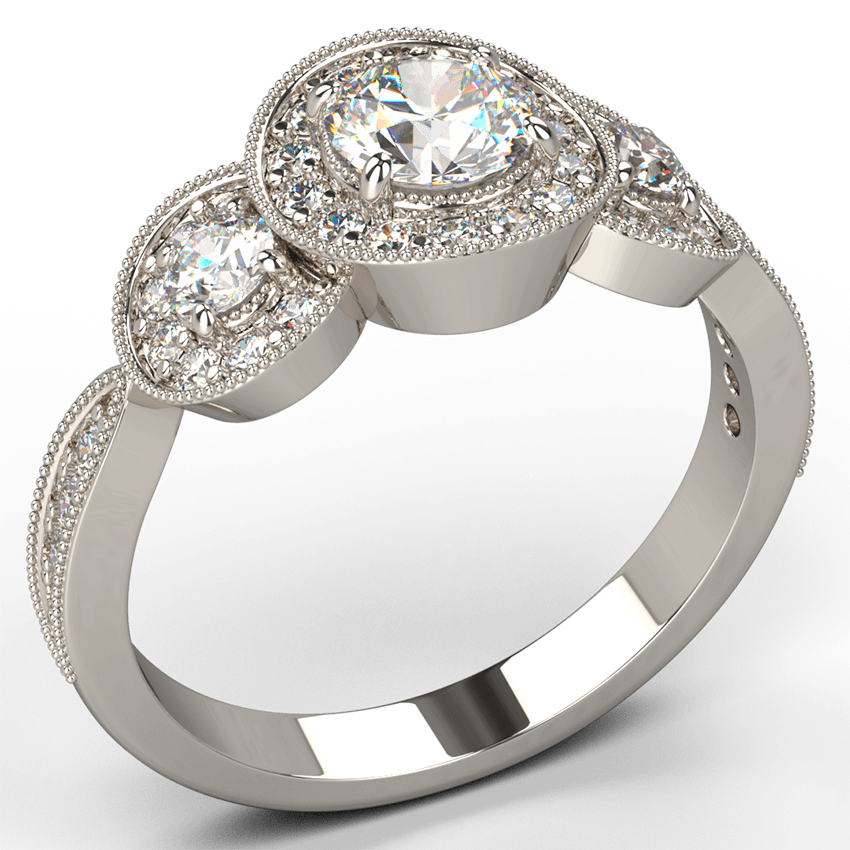 18k gold three stone diamond engagement ring with pave halo - Australian Diamond Network