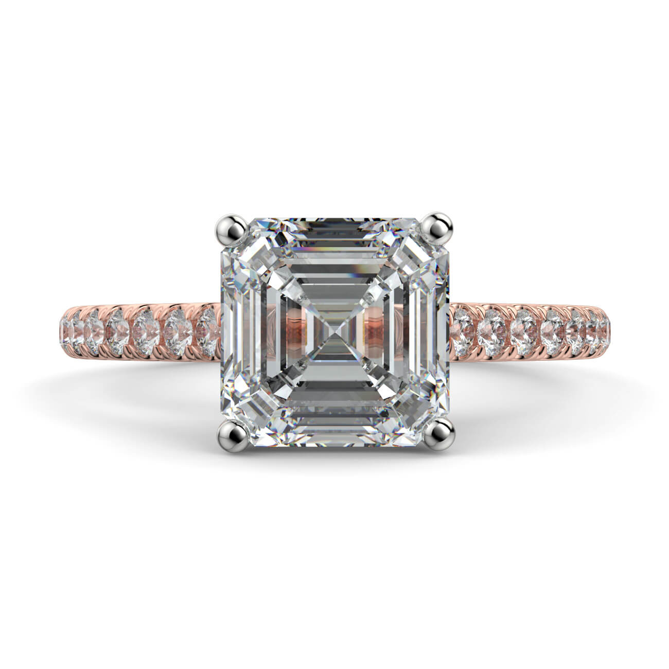 Asscher Cut diamond cathedral engagement ring in rose and white gold – Australian Diamond Network