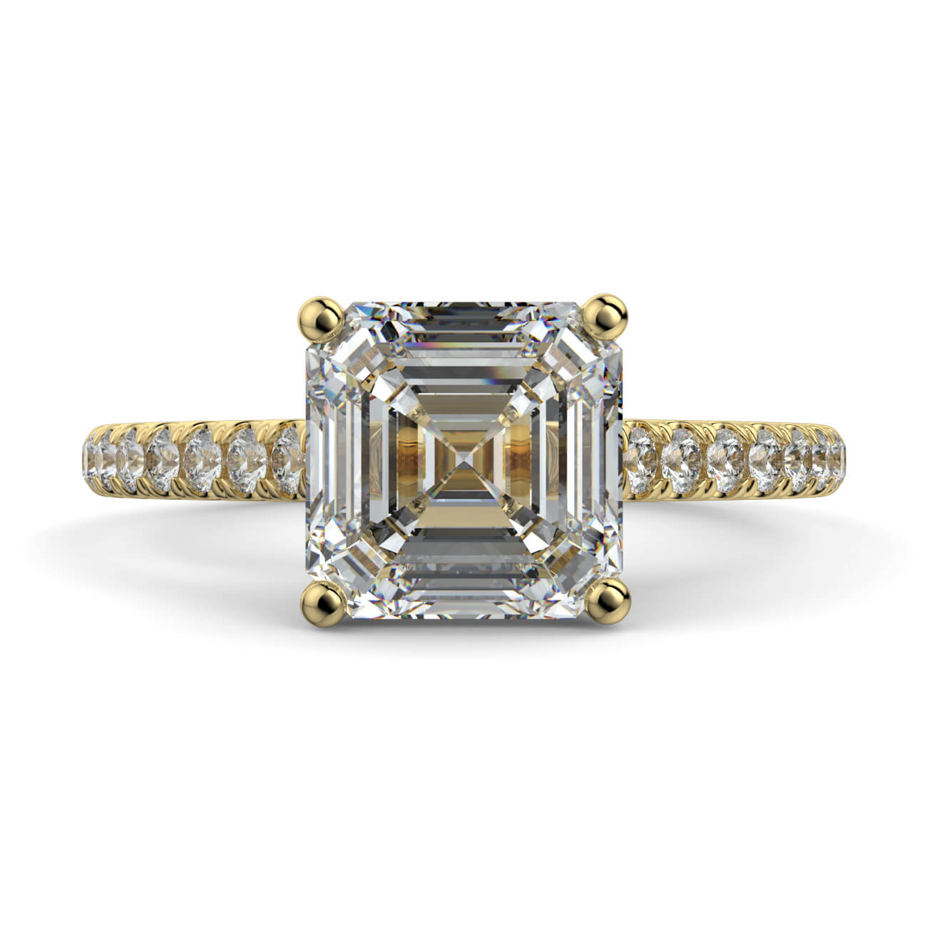 Asscher Cut diamond cathedral engagement ring in yelllow gold – Australian Diamond Network