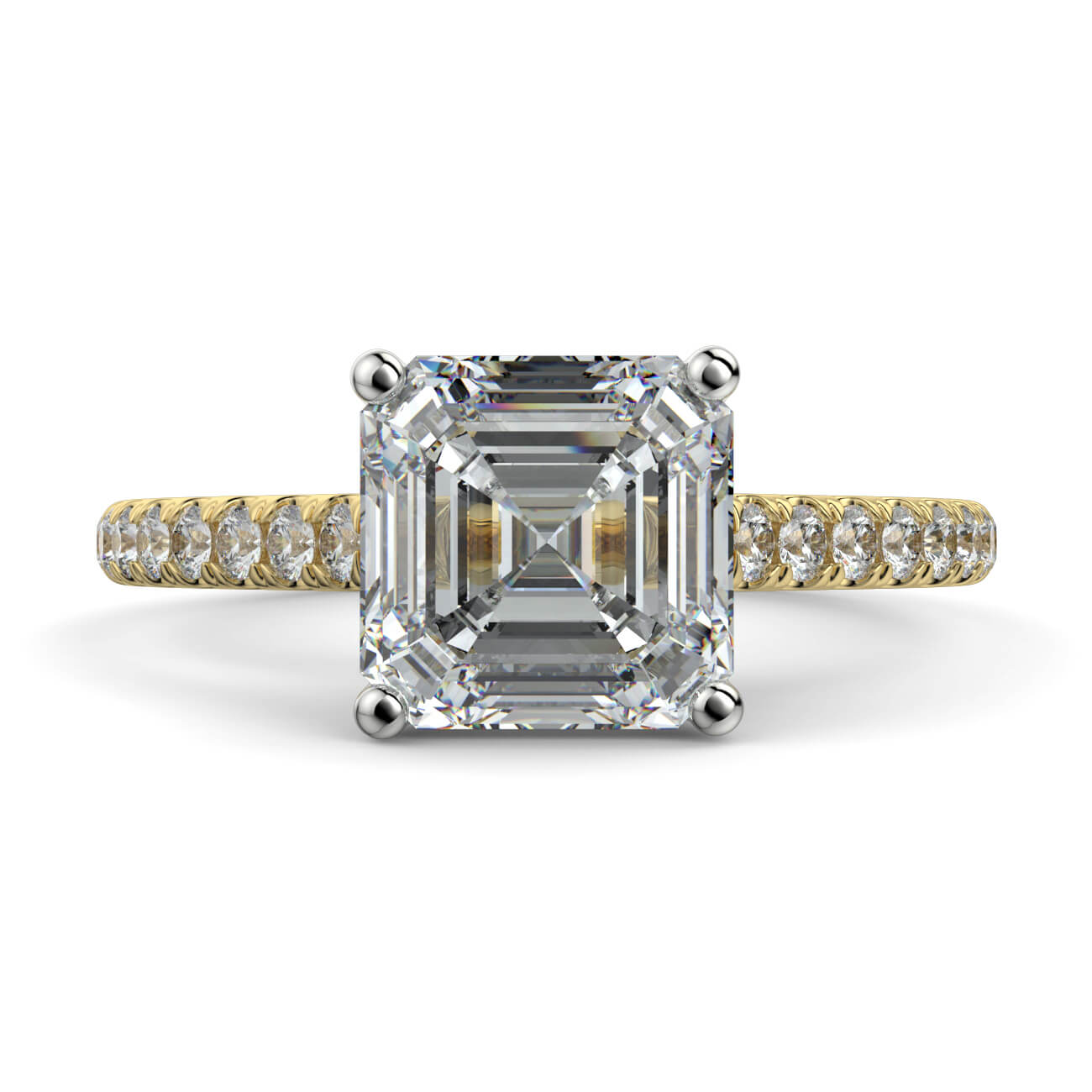 Asscher Cut diamond cathedral engagement ring in yellow and white gold – Australian Diamond Network