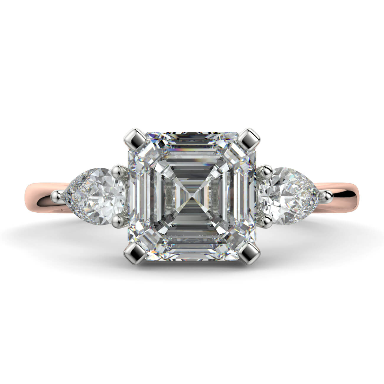 Asscher Cut Diamond Ring With Pear Shape Side Diamonds In Rose and White Gold – Australian Diamond Network