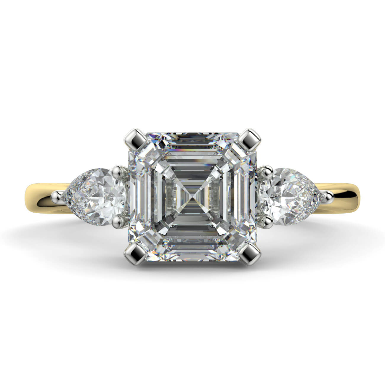 Asscher Cut Diamond Ring With Pear Shape Side Diamonds In Yellow and White Gold – Australian Diamond Network