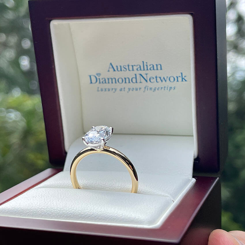 Comfort fit 4 claw oval solitaire diamond ring in yellow and white gold – Australian Diamond Network