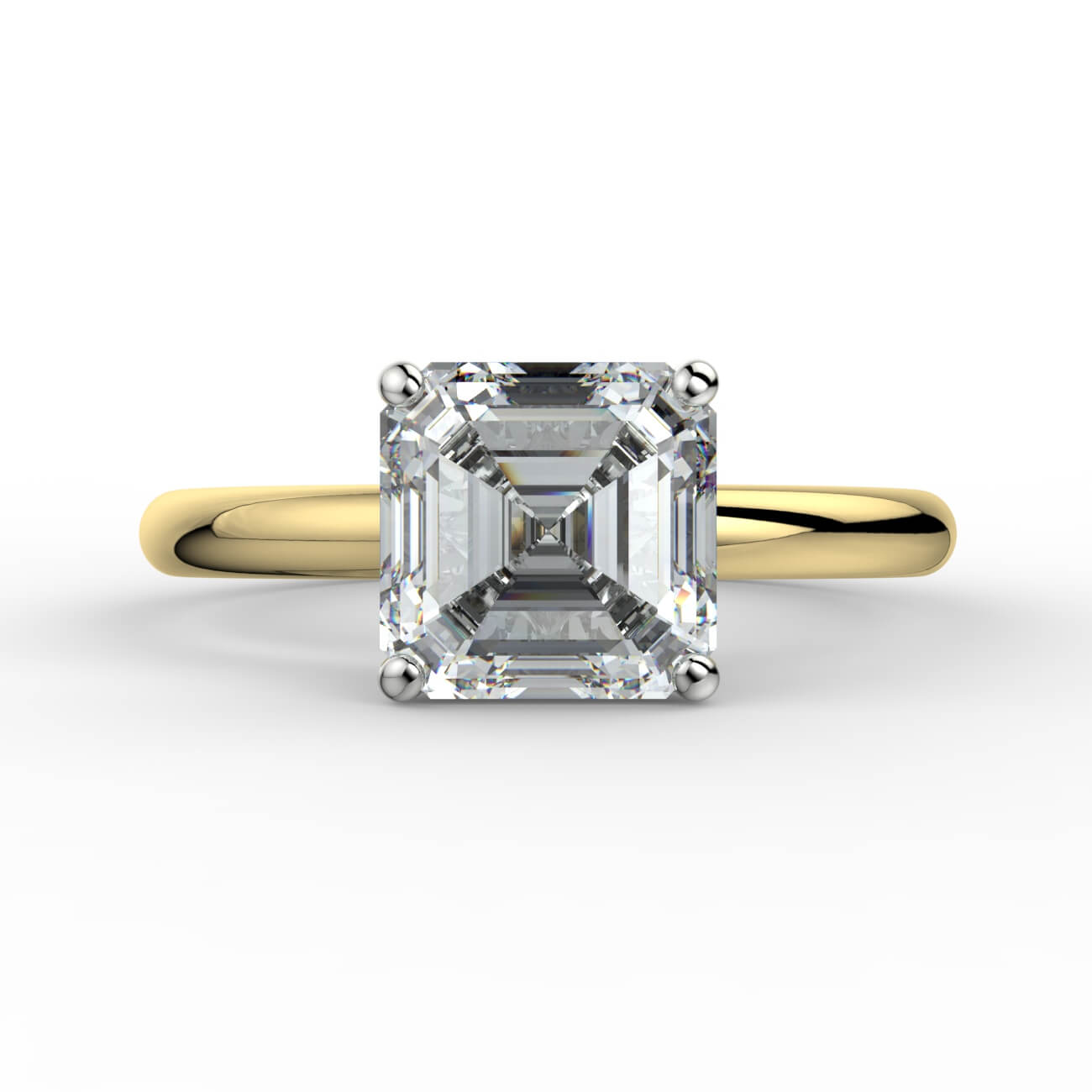 Comfort fit 4 claw asscher cut solitaire diamond ring in white and yellow gold – Australian Diamond Network