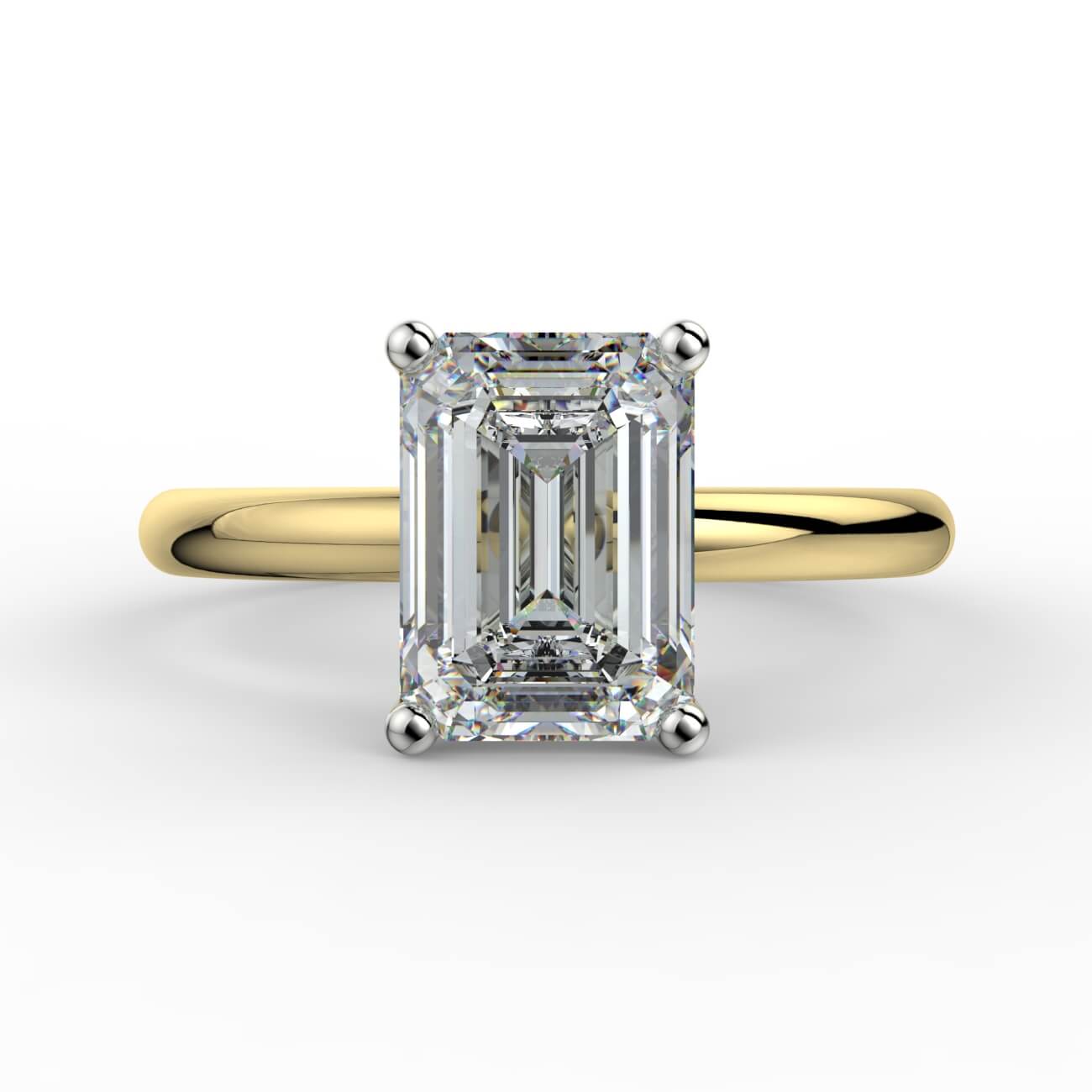 Comfort fit 4 claw emerald cut solitaire diamond ring in white and yellow gold – Australian Diamond Network