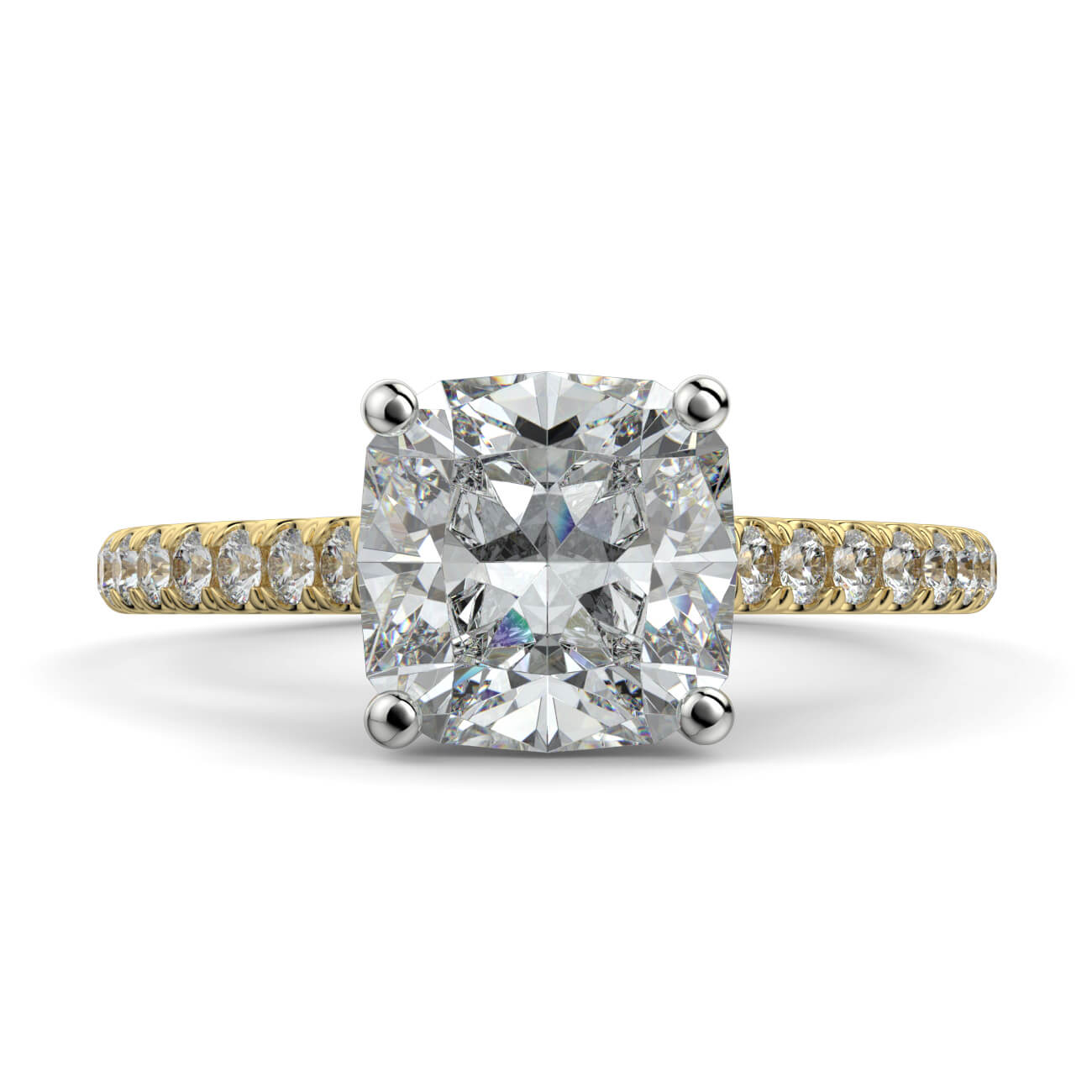 Cushion Cut diamond cathedral engagement ring in yellow and white gold – Australian Diamond Network