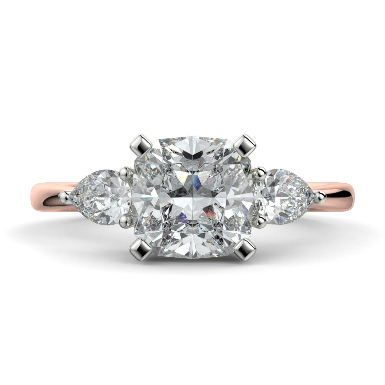 Cushion Cut Diamond Ring With Pear Shape Side Diamonds In Rose and White Gold – Australian Diamond Network