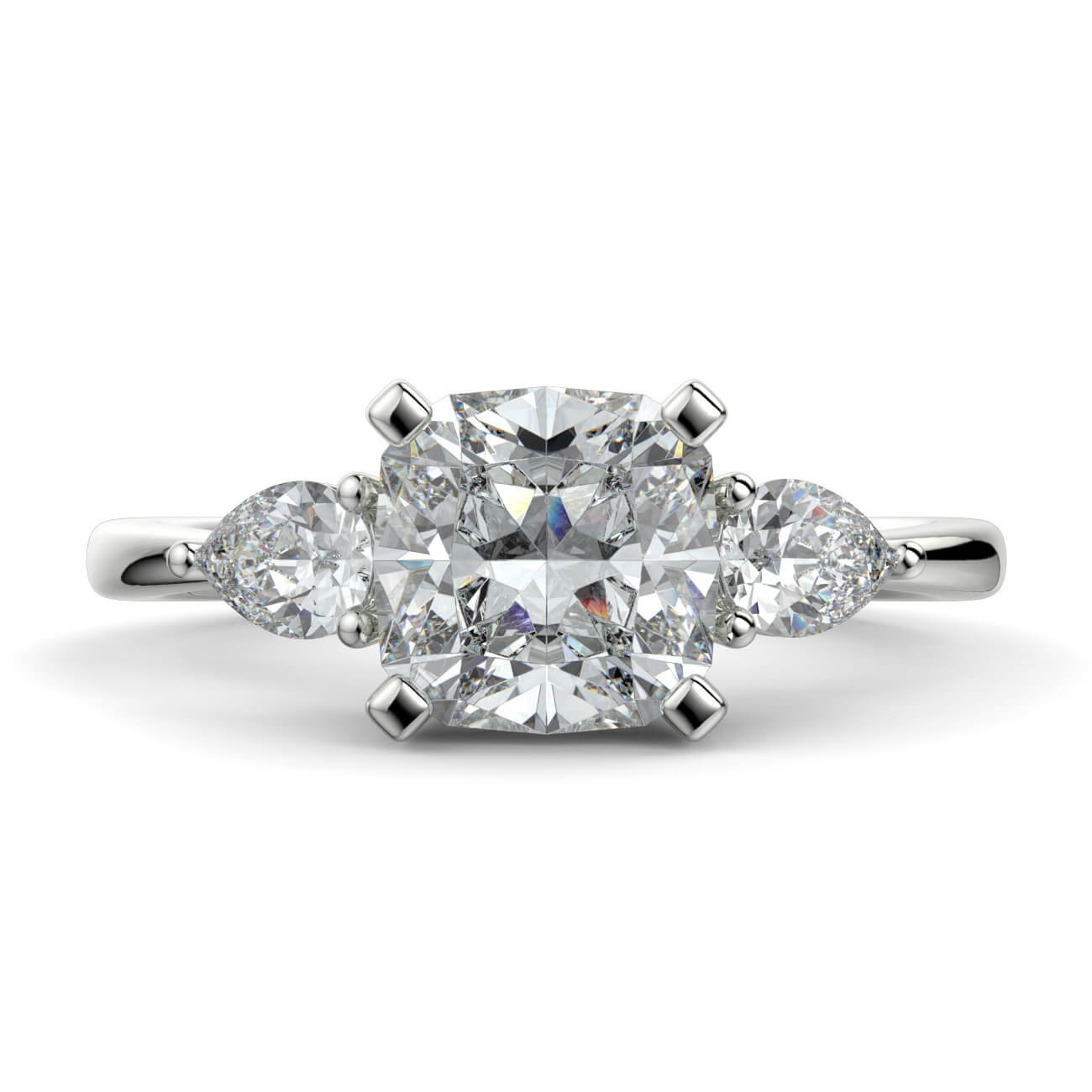 Cushion Cut Diamond Ring With Pear Shape Side Diamonds In White Gold – Australian Diamond Network