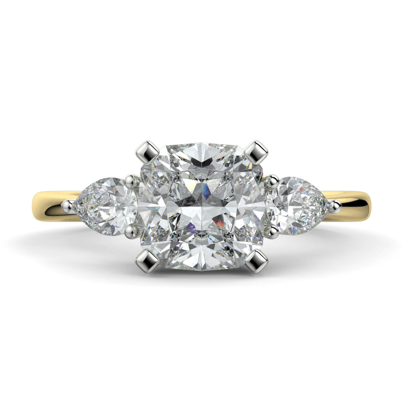 Cushion Cut Diamond Ring With Pear Shape Side Diamonds In Yellow and White Gold – Australian Diamond Network