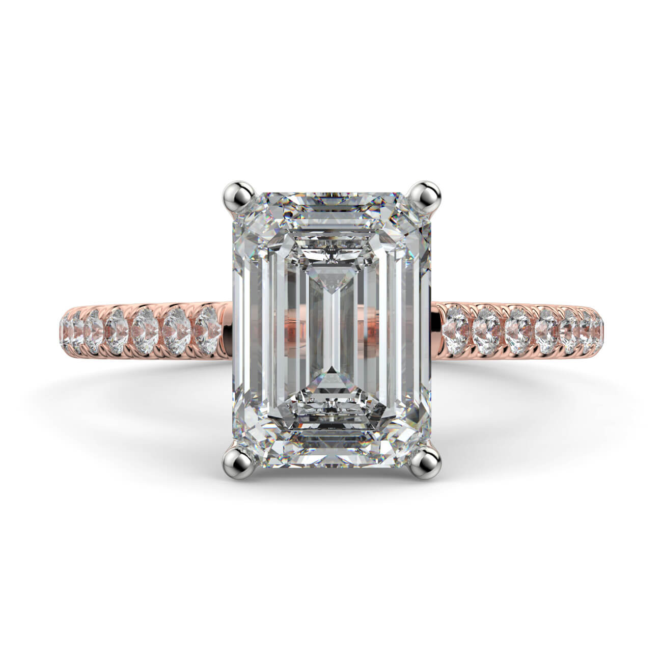Emerald Cut diamond cathedral engagement ring in rose and white gold – Australian Diamond Network