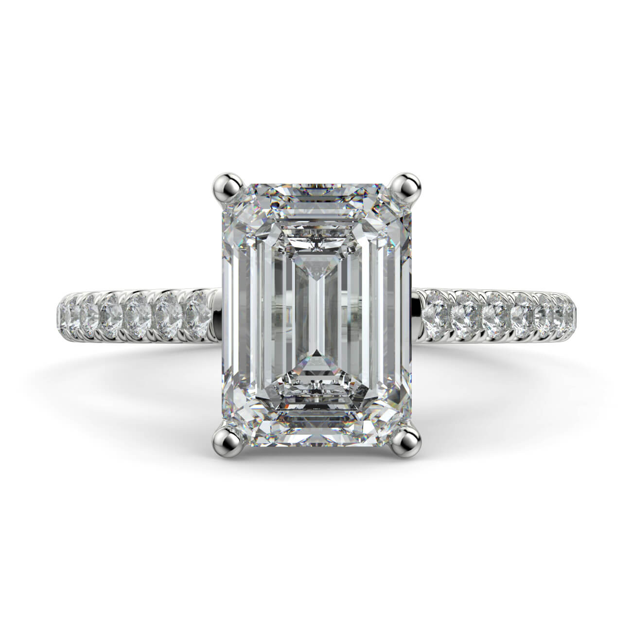 Emerald Cut diamond cathedral engagement ring in platinum – Australian Diamond Network