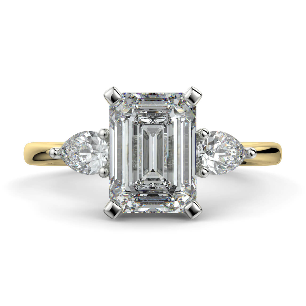 Emerald Cut Diamond Ring With Pear Shape Side Diamonds In Yellow and White Gold – Australian Diamond Network
