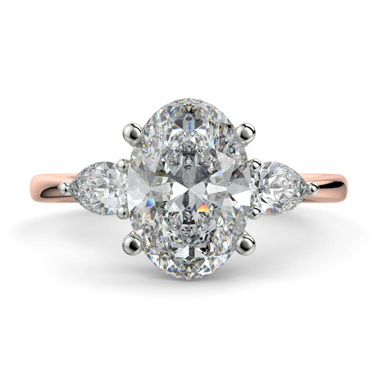 Oval Shape Diamond Ring With Pear Shape Side Diamonds In 18k Rose and White Gold – Australian Diamond Network