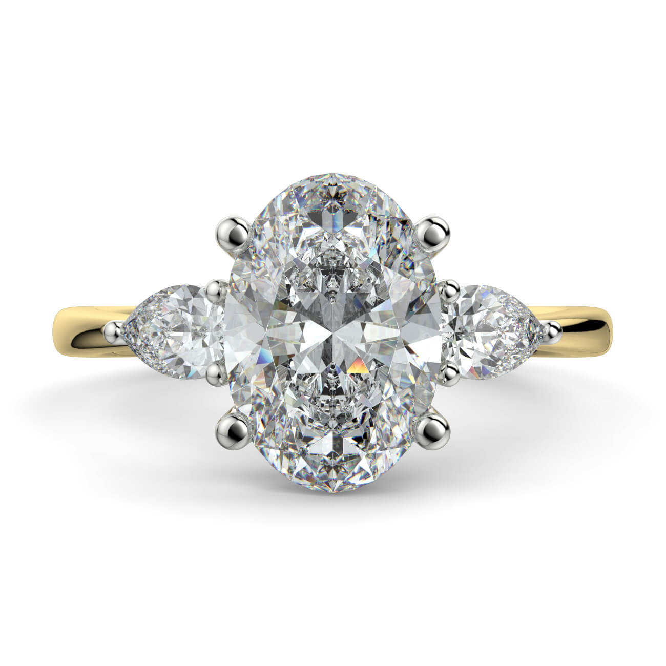Oval Shape Diamond Ring With Pear Shape Side Diamonds In 18k Yellow and White Gold – Australian Diamond Network