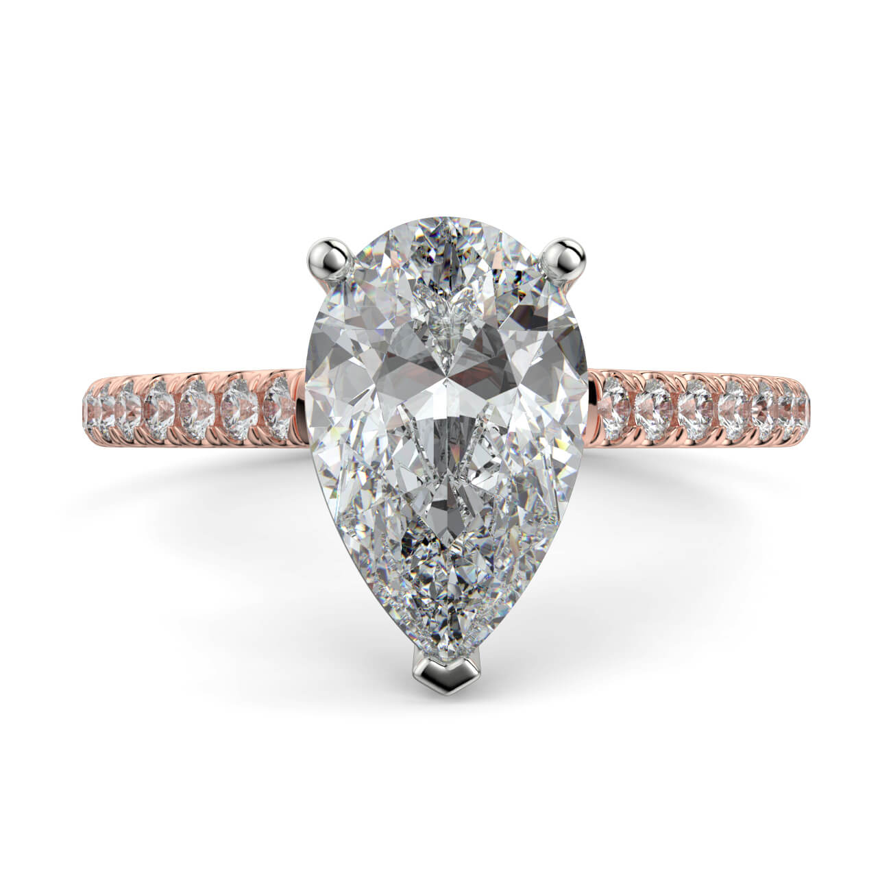 Pear shape diamond cathedral engagement ring in rose and white gold – Australian Diamond Network