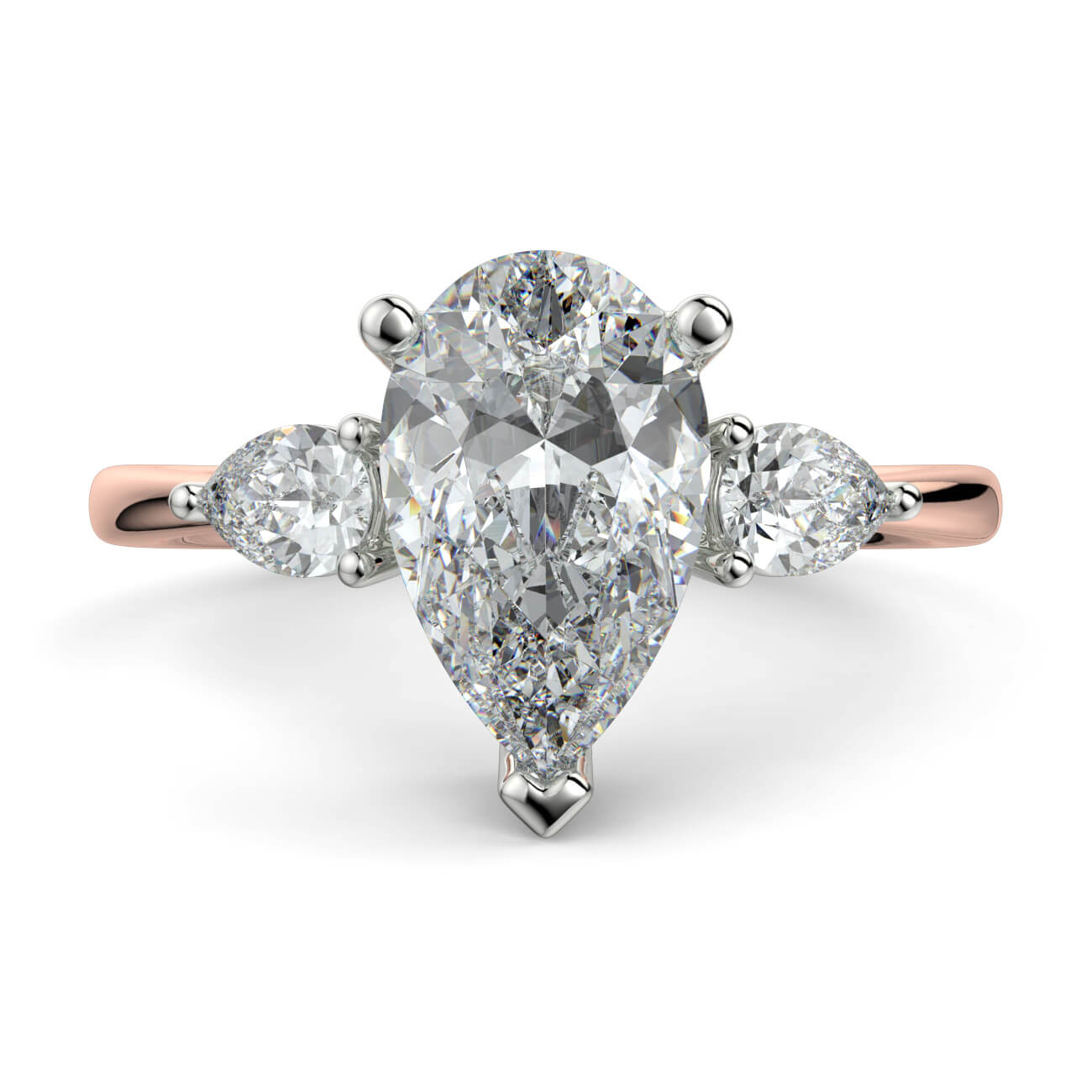 Pear Shape Diamond Ring With Pear Shape Side Diamonds In Rose and White Gold – Australian Diamond Network
