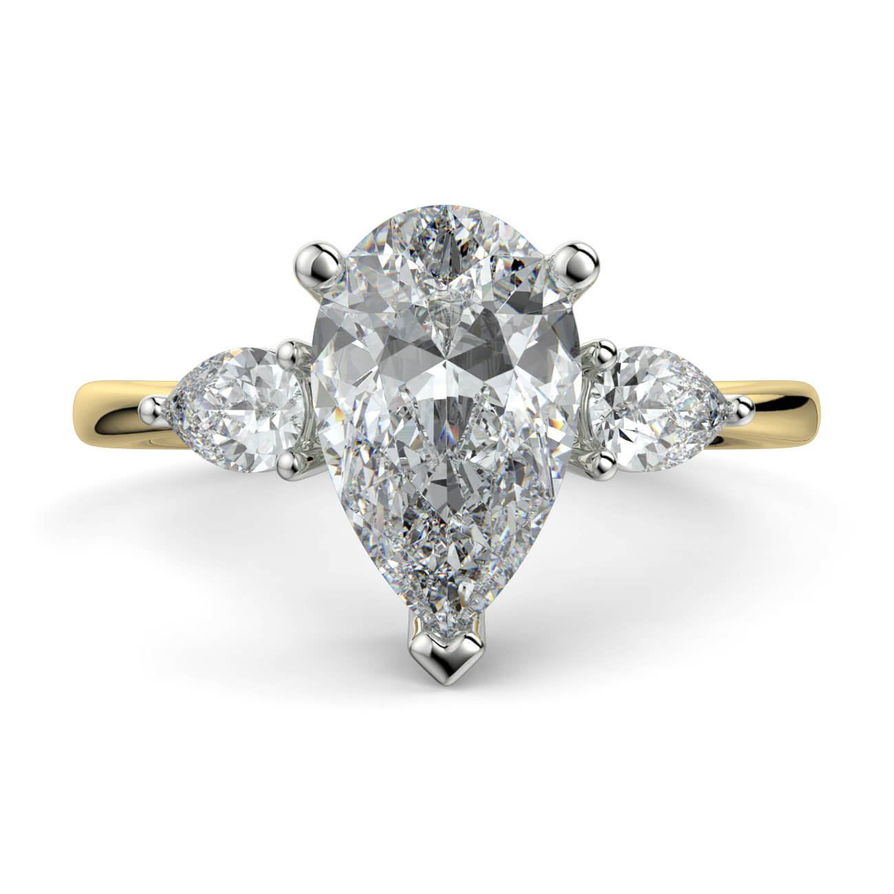 Pear Shape Diamond Ring With Pear Shape Side Diamonds In Yellow and White Gold – Australian Diamond Network