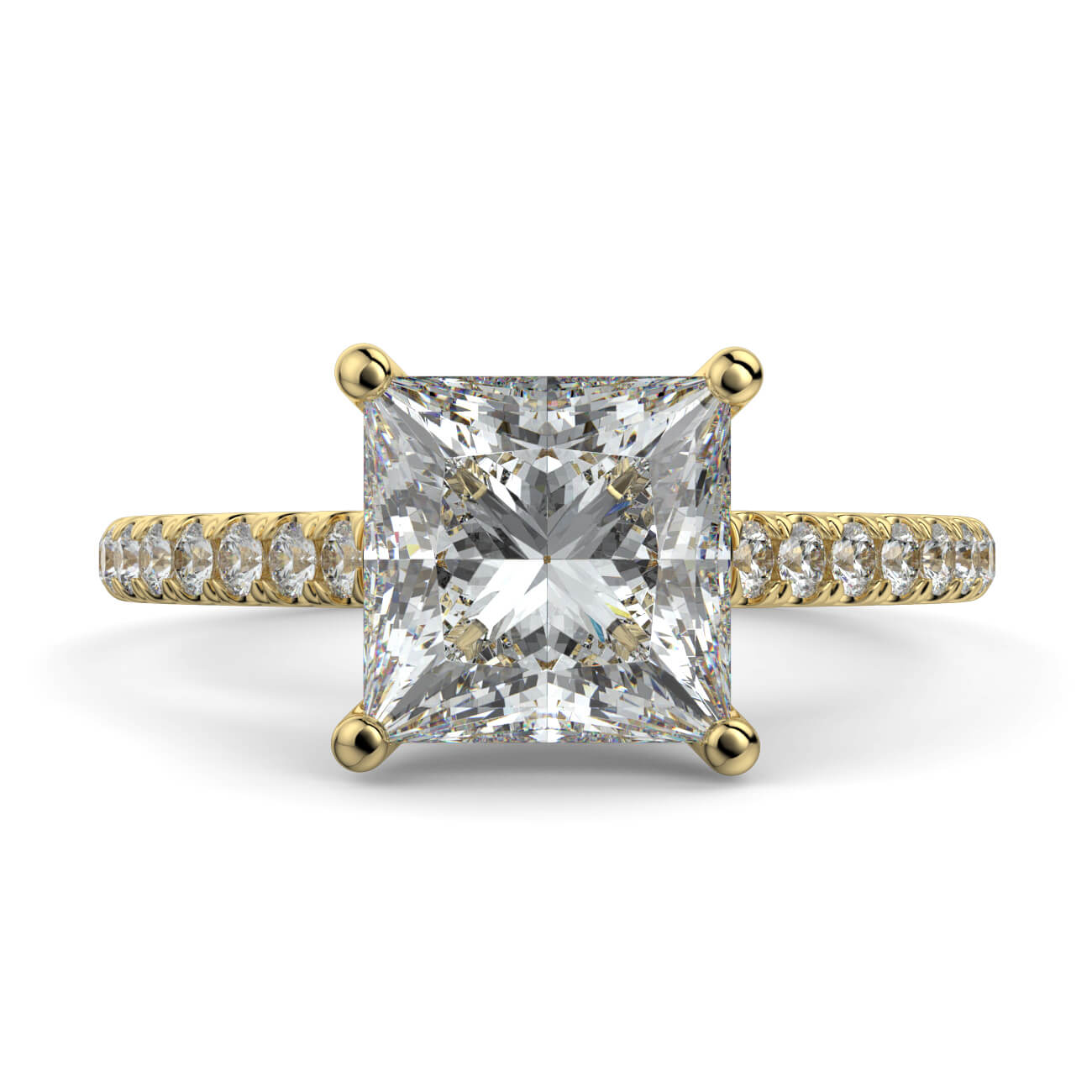 Princess Cut diamond cathedral engagement ring in yellow gold – Australian Diamond Network