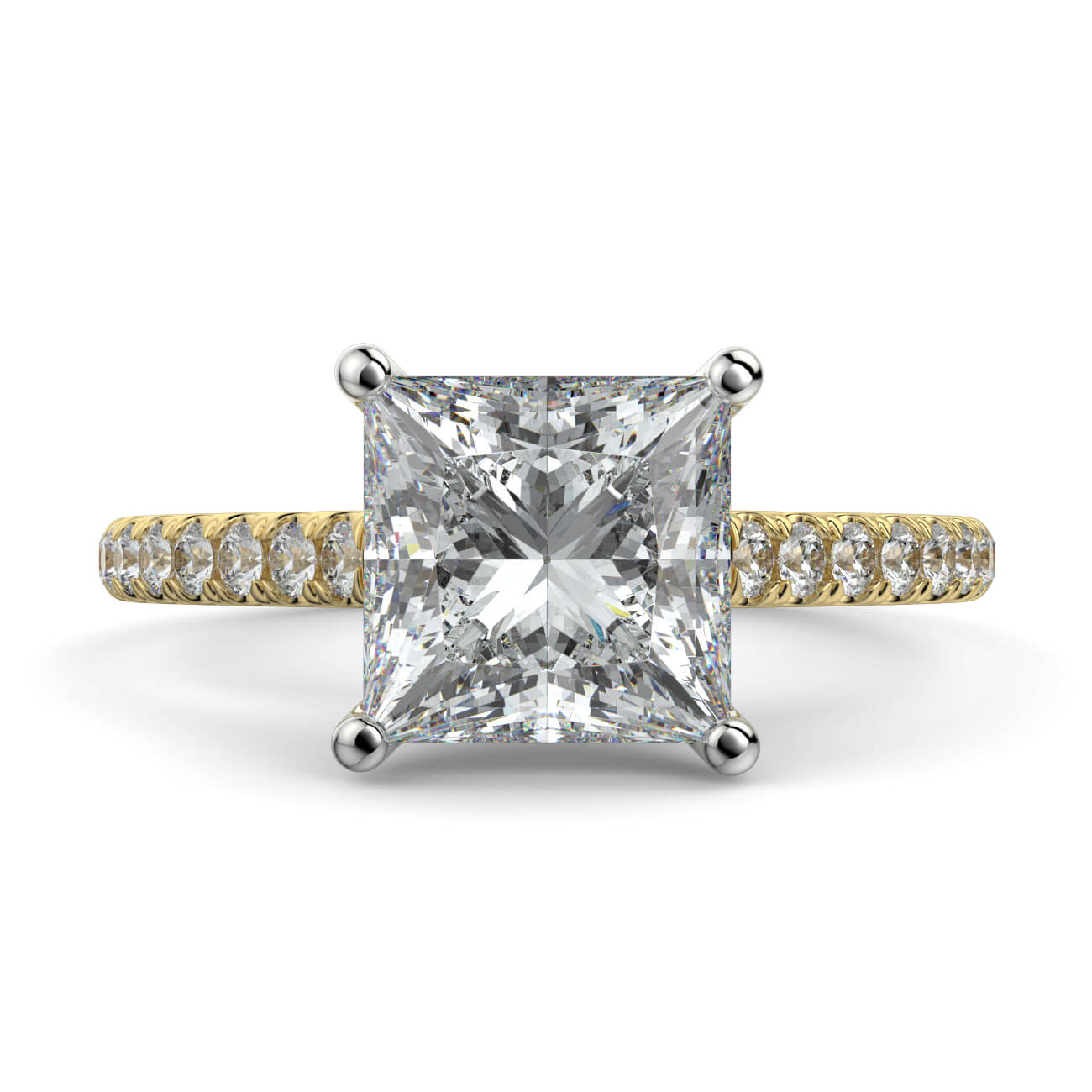 Princess Cut diamond cathedral engagement ring in yellow and white gold – Australian Diamond Network