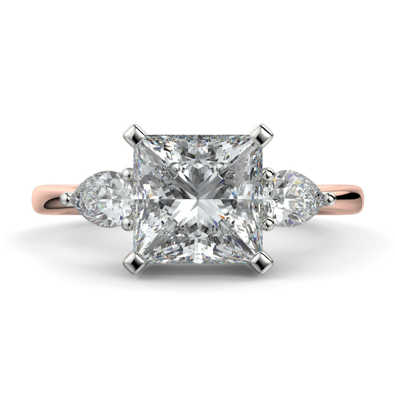 Princess Cut Diamond Ring With Pear Shape Side Diamonds In Rose and White Gold – Australian Diamond Network