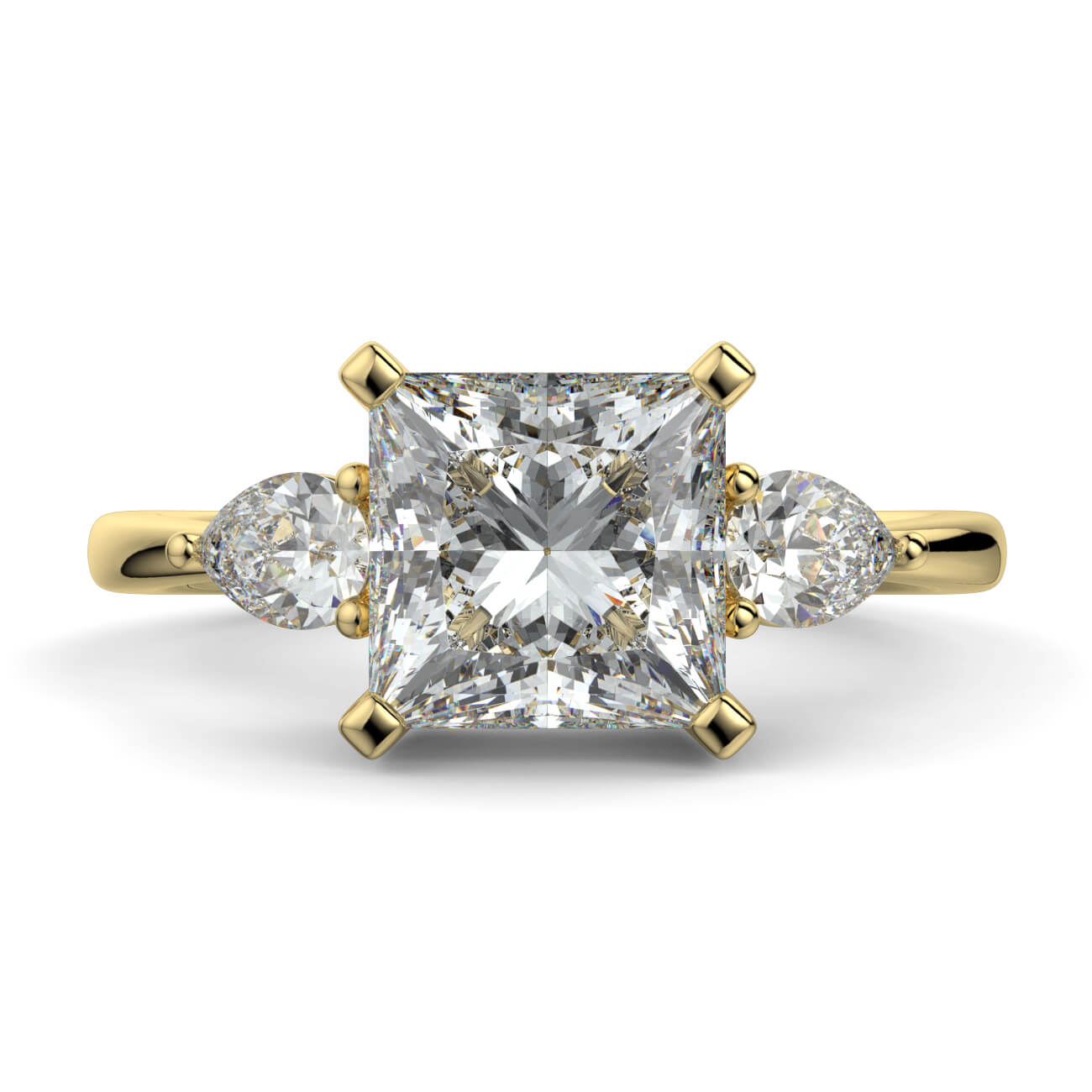 Princess Cut Diamond Ring With Pear Shape Side Diamonds In Yellow Gold – Australian Diamond Network