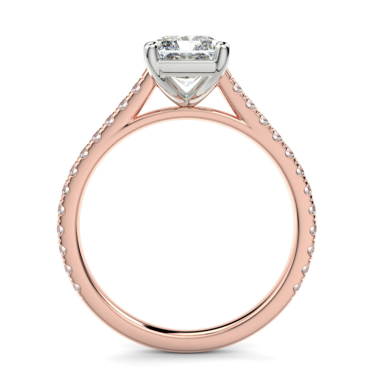 Radiant cut diamond cathedral engagement ring in rose and white gold – Australian Diamond Network