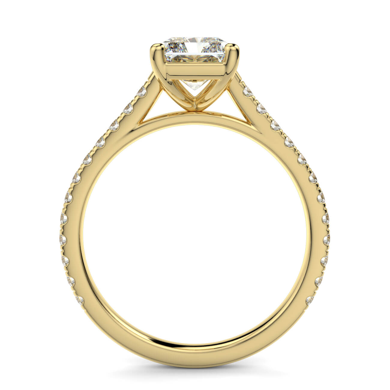 Radiant cut diamond cathedral engagement ring in yellow gold – Australian Diamond Network