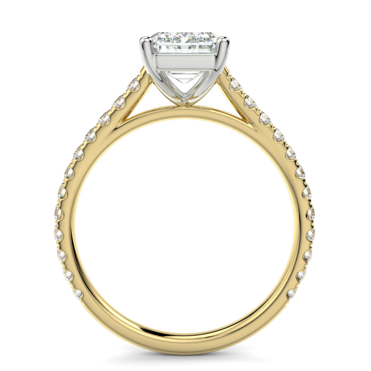 Emerald Cut diamond cathedral engagement ring in yellow and white gold – Australian Diamond Network
