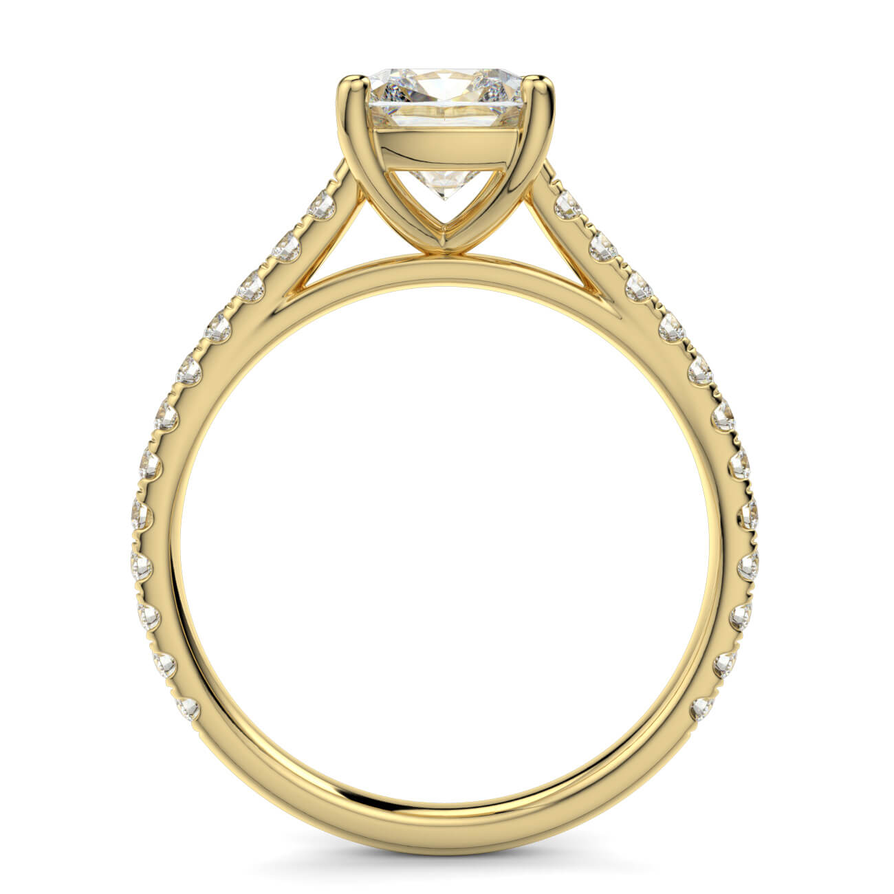 Cushion Cut diamond cathedral engagement ring in yellow gold – Australian Diamond Network