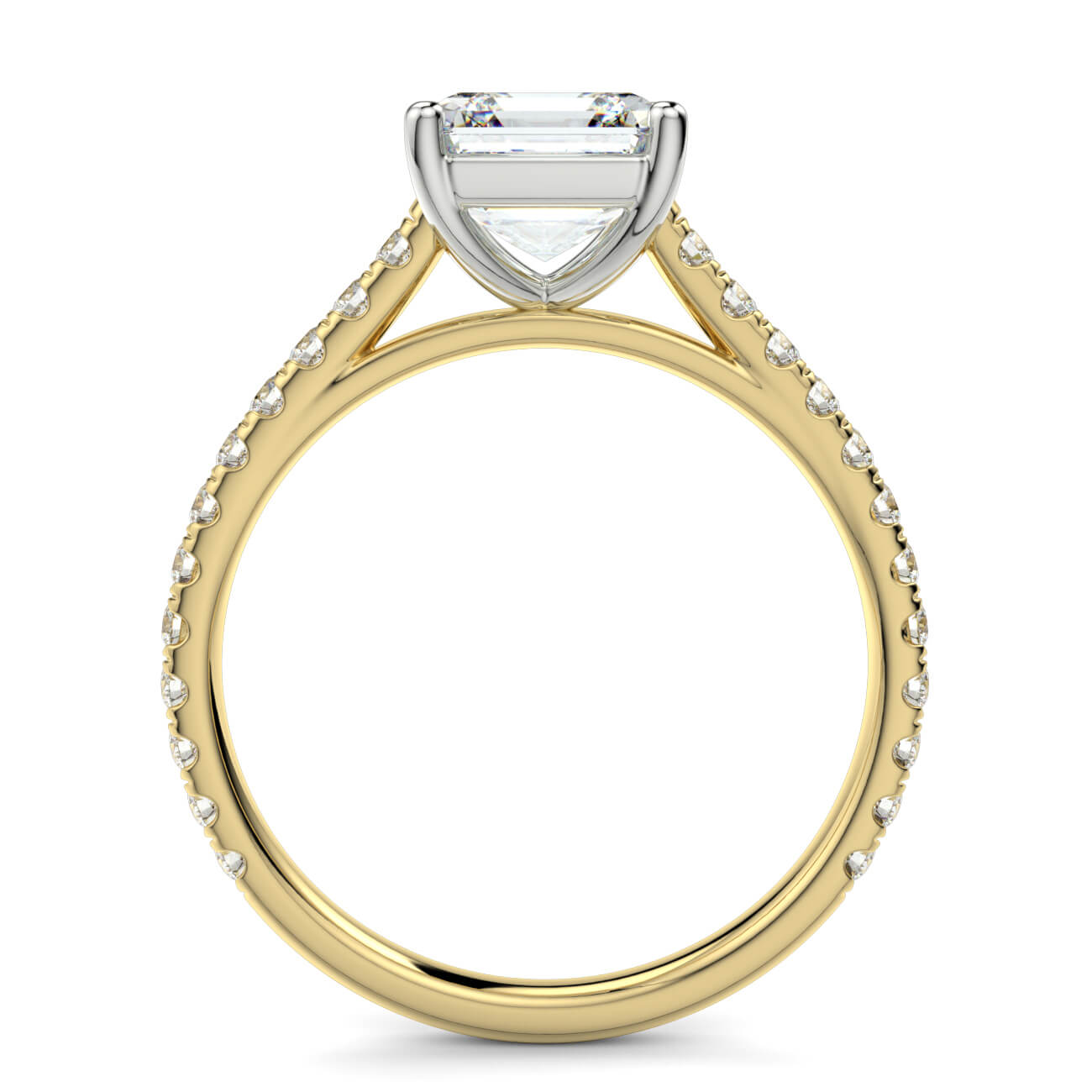Asscher Cut diamond cathedral engagement ring in yellow gold and white gold – Australian Diamond Network