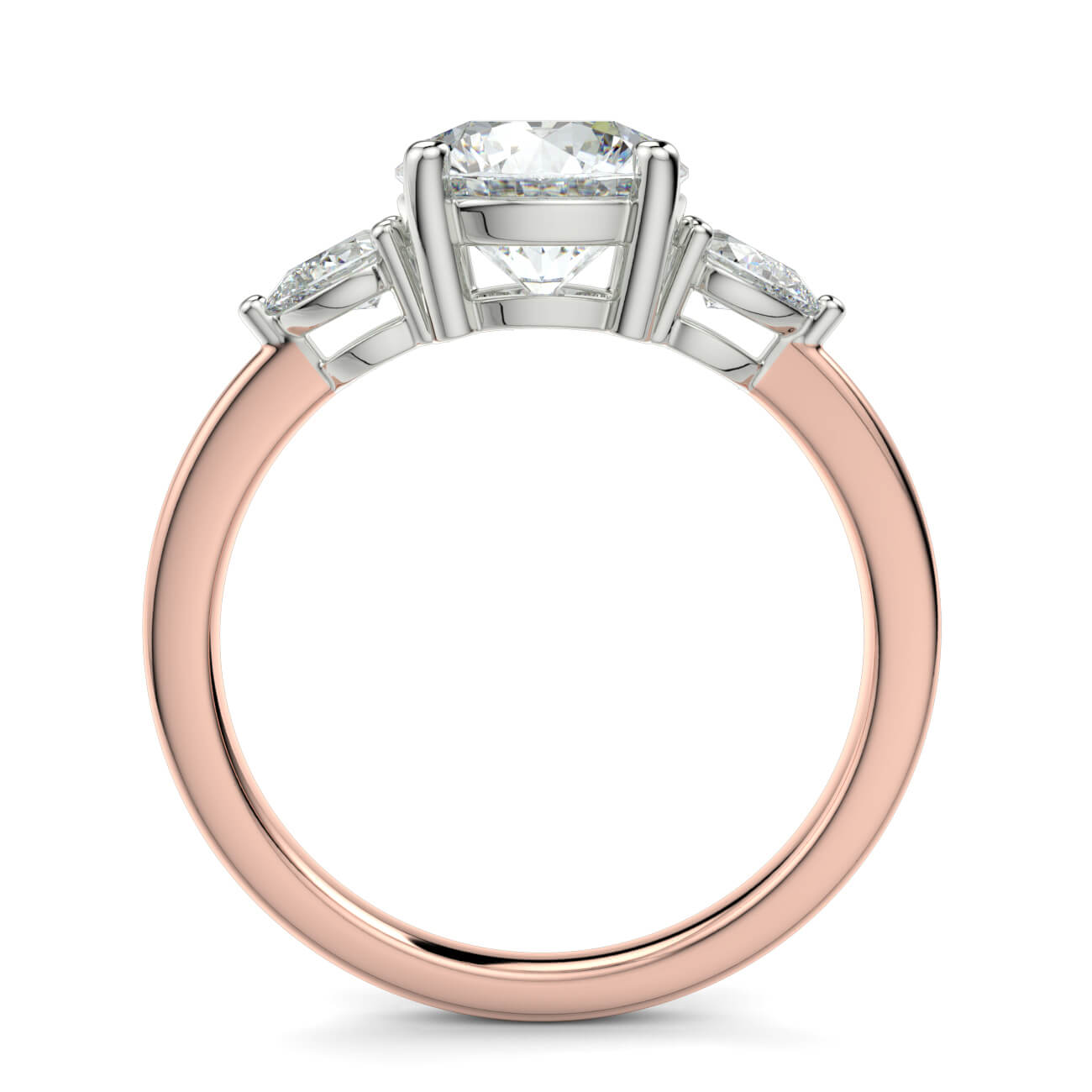 Round Brilliant Cut Diamond Ring With Pear Shape Side Diamonds In Rose and White Gold – Australian Diamond Network