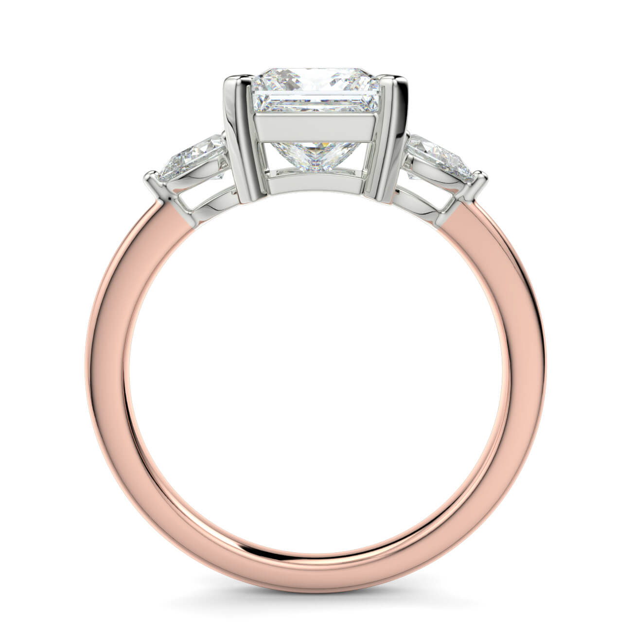 Princess Cut Diamond Ring With Pear Shape Side Diamonds In Rose and White Gold – Australian Diamond Network