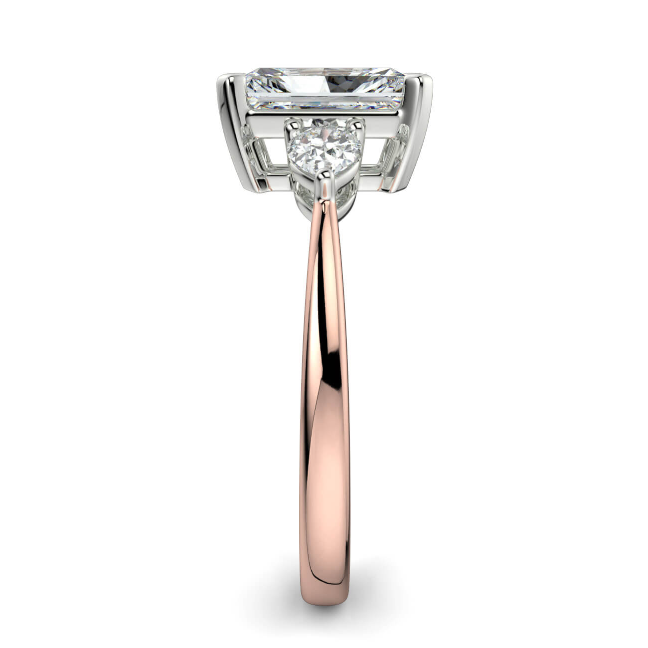 Radiant Cut Diamond Ring With Pear Shape Side Diamonds In Rose and White Gold – Australian Diamond Network