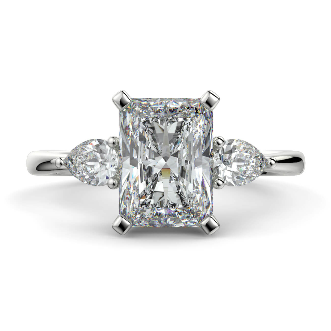 Radiant Cut Diamond Ring With Pear Shape Side Diamonds In White Gold – Australian Diamond Network