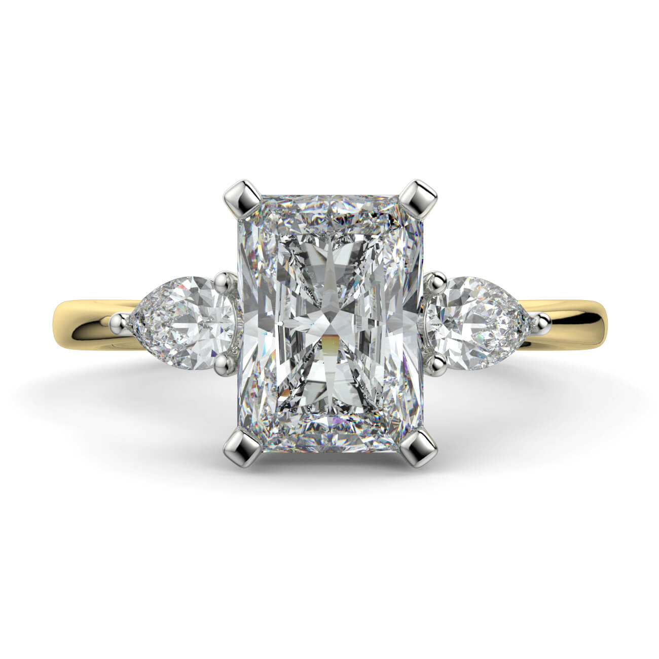 Radiant Cut Diamond Ring With Pear Shape Side Diamonds In Yellow and White Gold – Australian Diamond Network