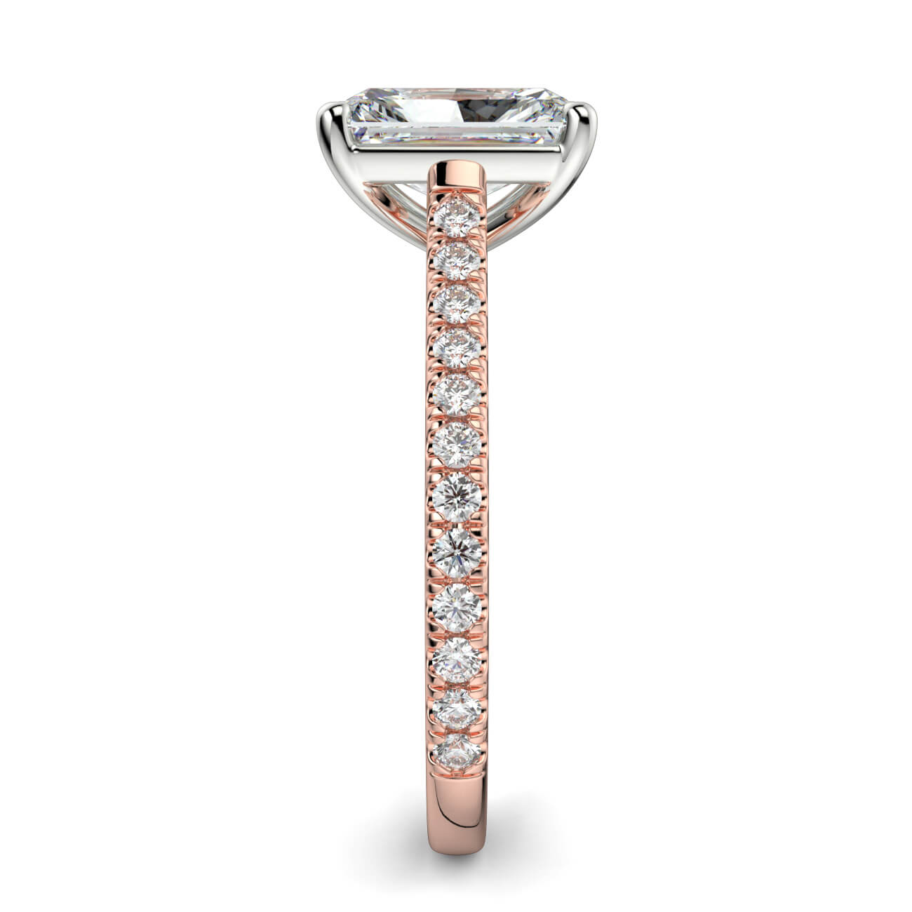 Radiant cut diamond cathedral engagement ring in rose and white gold – Australian Diamond Network