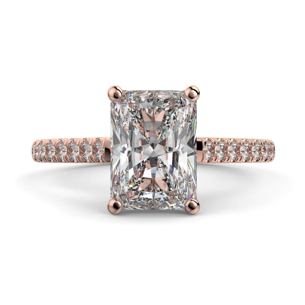 Radiant cut diamond cathedral engagement ring in rose gold – Australian Diamond Network