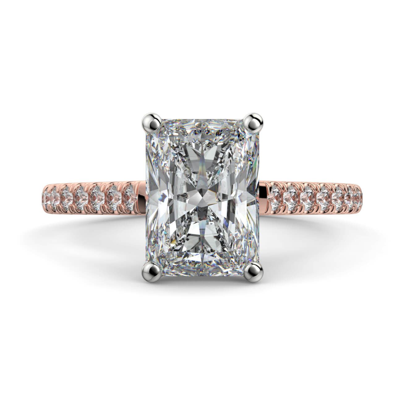 Radiant cut diamond cathedral engagement ring in white and rose gold – Australian Diamond Network
