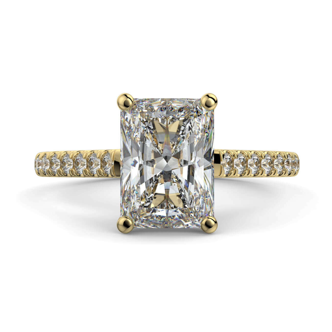Radiant cut diamond cathedral engagement ring in yellow gold – Australian Diamond Network