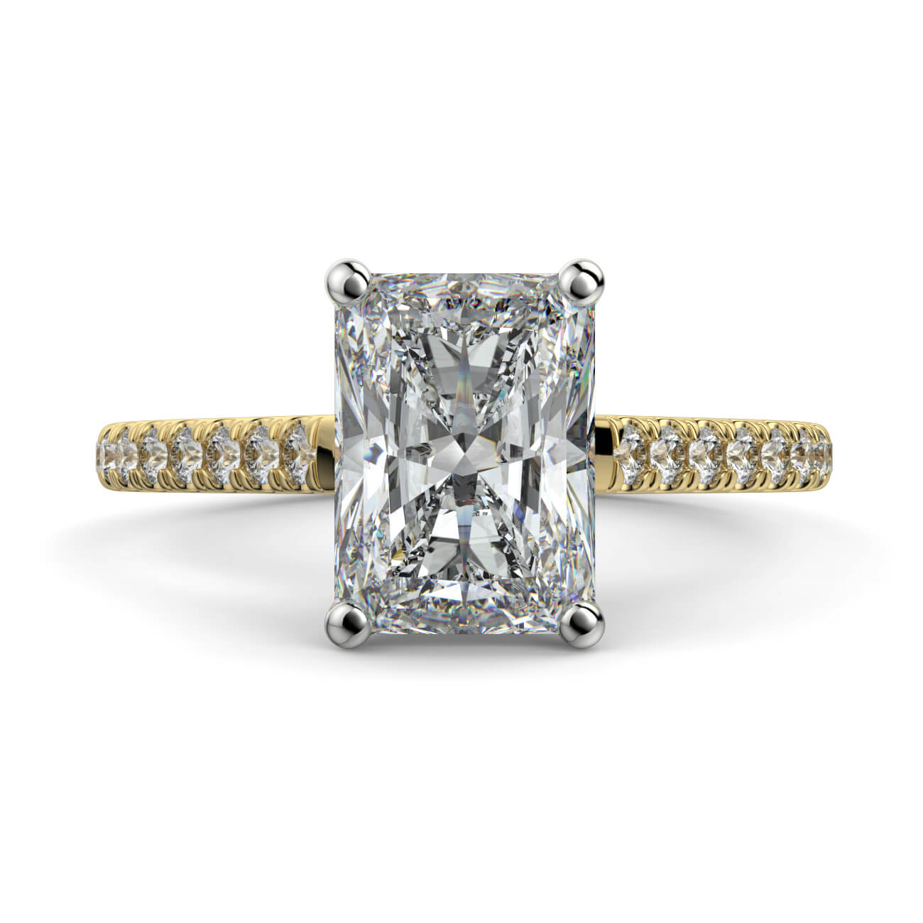 Radiant cut diamond cathedral engagement ring in white and yellow gold – Australian Diamond Network