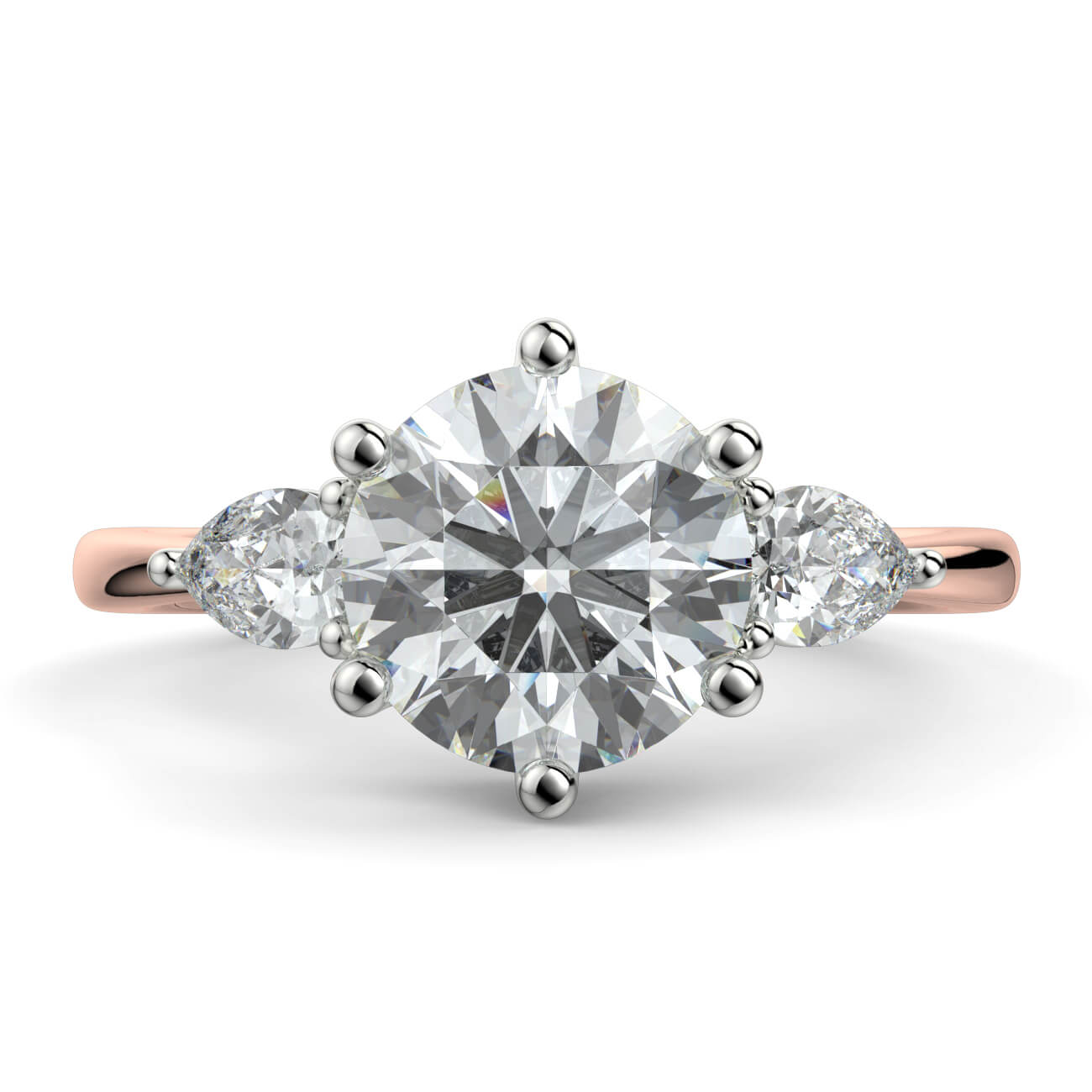 Round Brilliant Cut Diamond Ring With Pear Shape Side Diamonds In Rose and White Gold – Australian Diamond Network