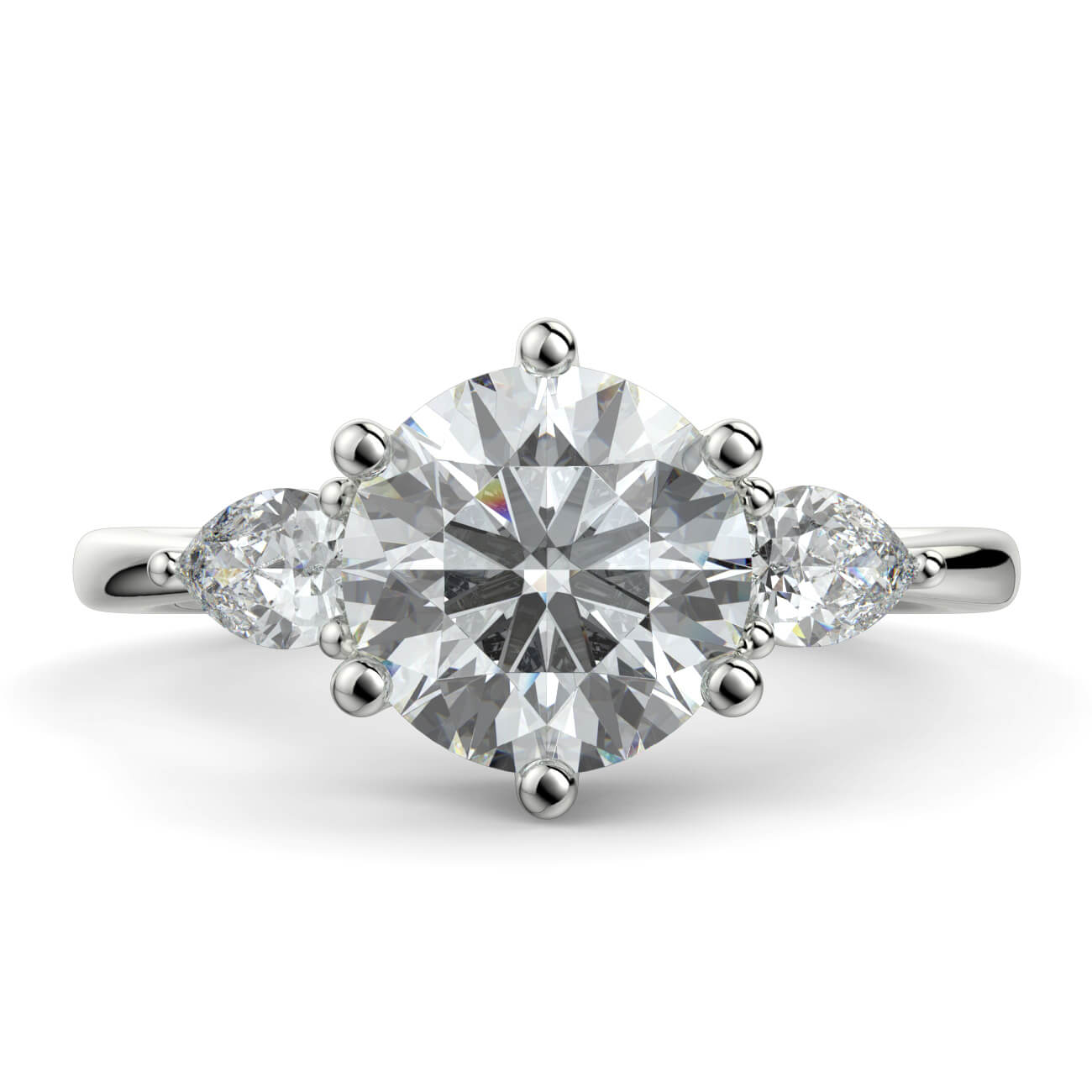 Round Brilliant Cut Diamond Ring With Pear Shape Side Diamonds In Platinum – Australian Diamond Network