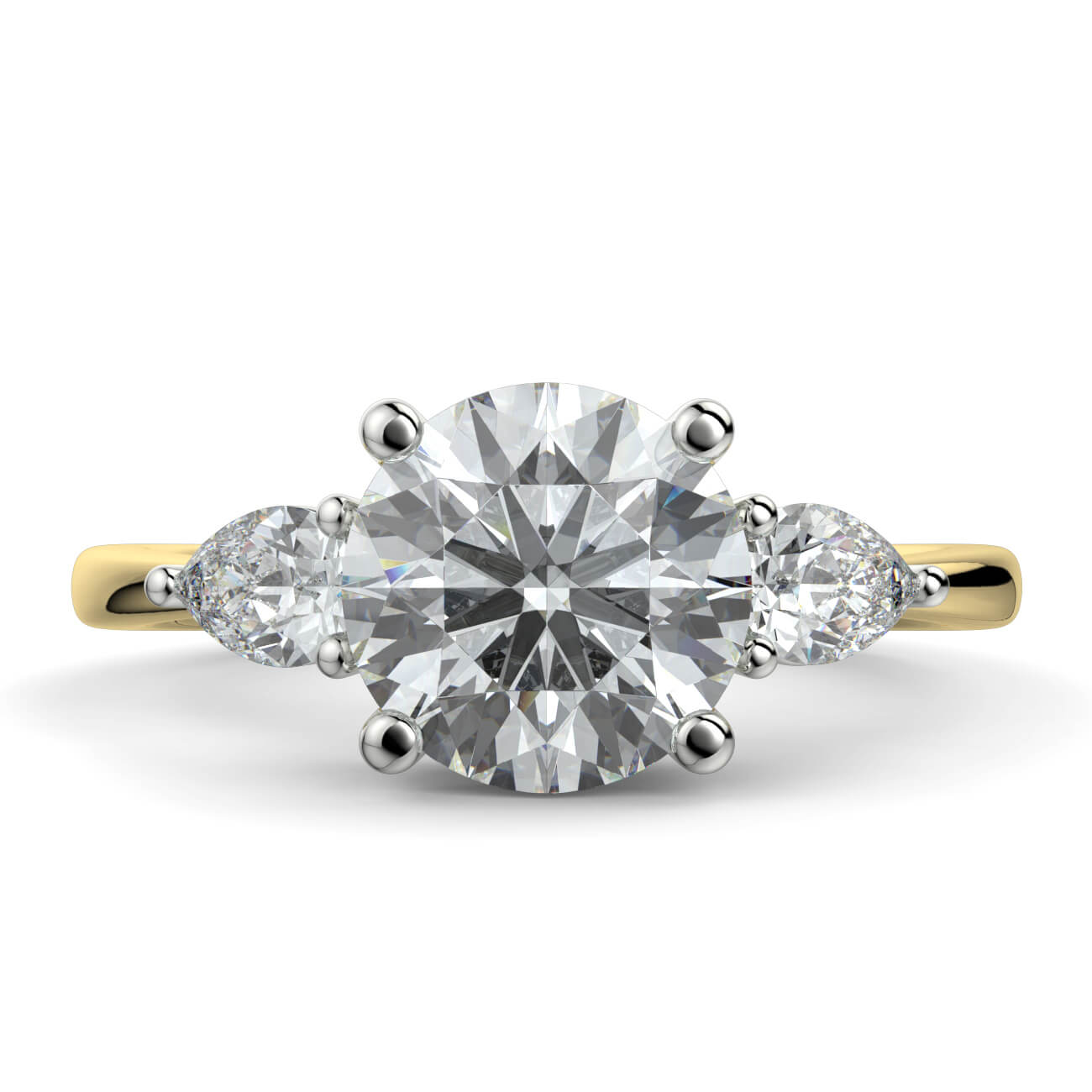Round Brilliant Cut Diamond Ring With Pear Shape Side Diamonds In Yellow & White Gold – Australian Diamond Network