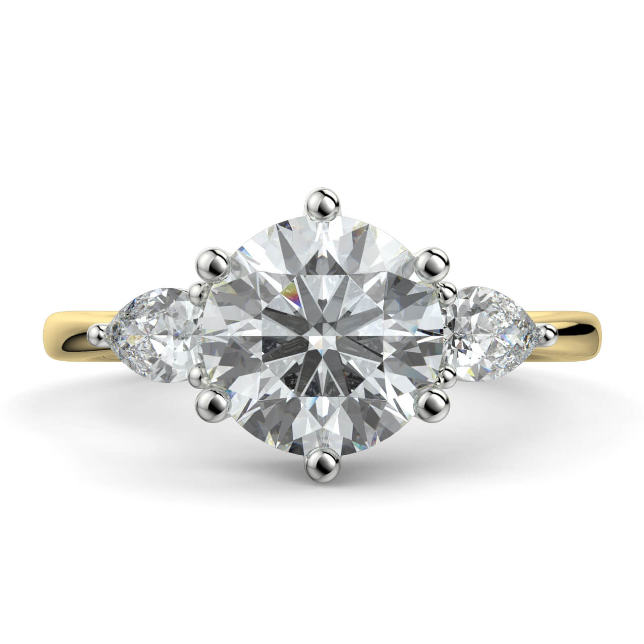 Round Brilliant Cut Diamond Ring With Pear Shape Side Diamonds In Yellow and White Gold – Australian Diamond Network