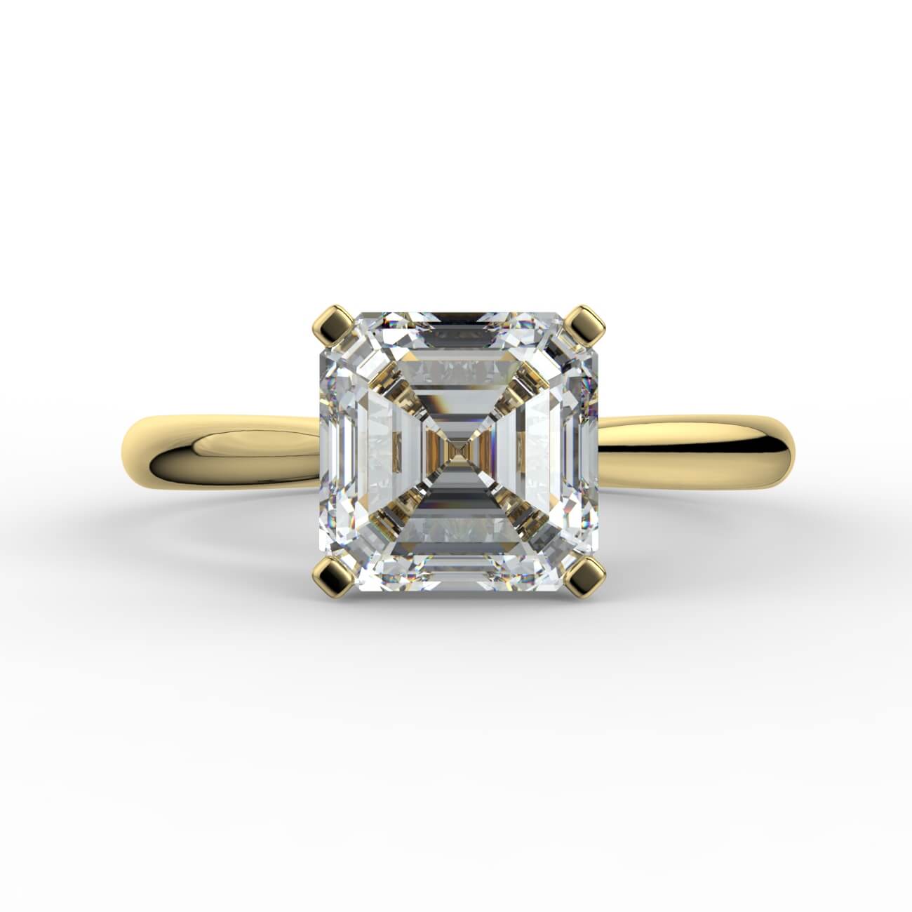 Asscher cut diamond cathedral engagement ring in yellow gold – Australian Diamond Network