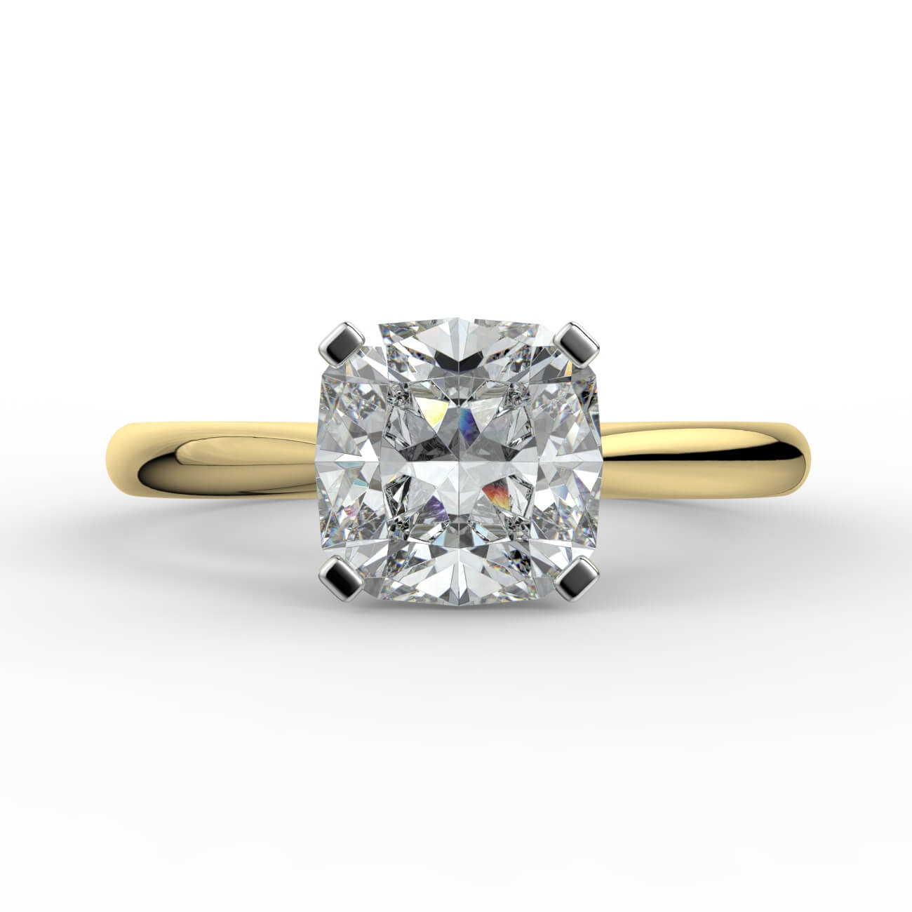 Cushion cut diamond cathedral engagement ring in white and yellow gold – Australian Diamond Network
