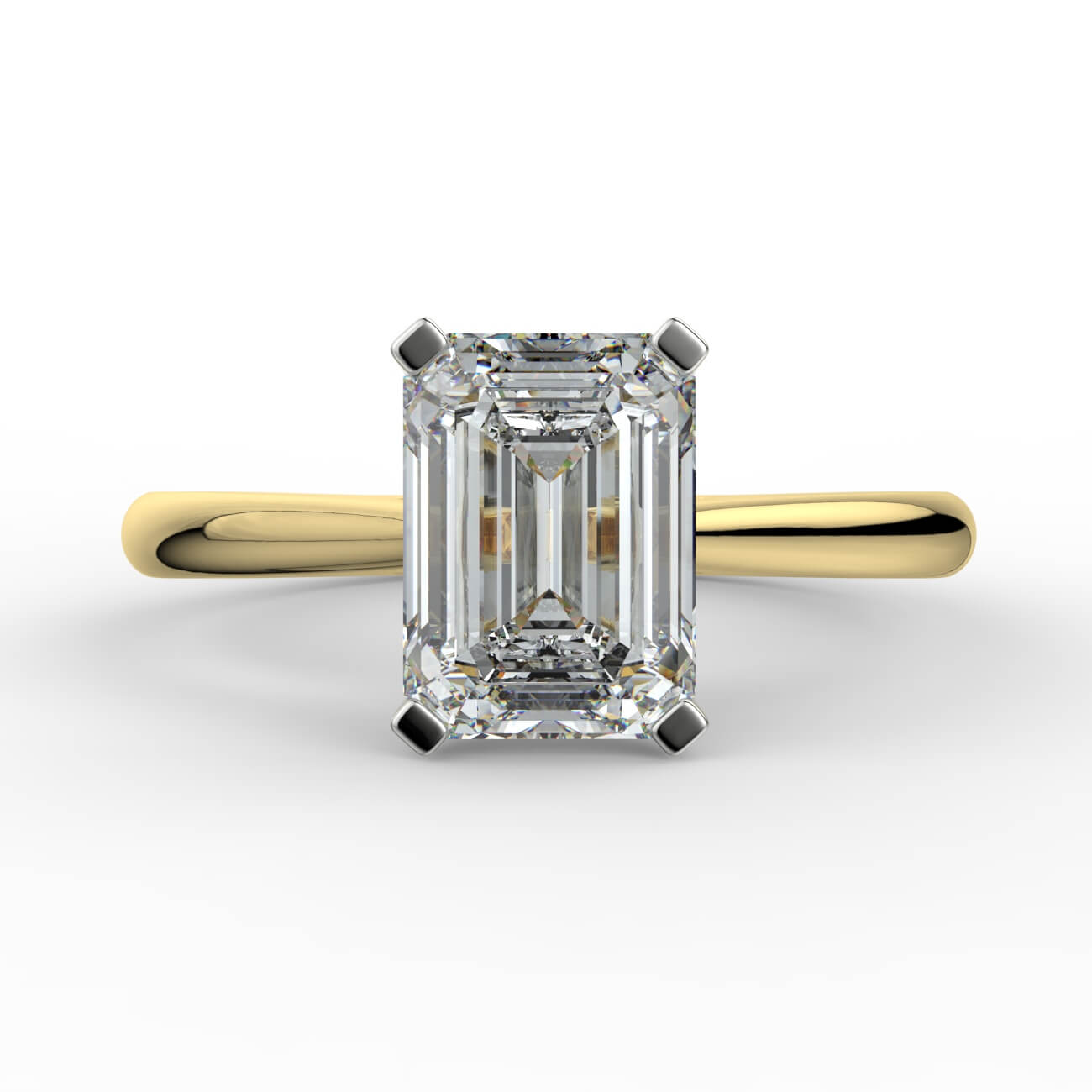 Emerald cut diamond cathedral engagement ring in white and yellow gold – Australian Diamond Network